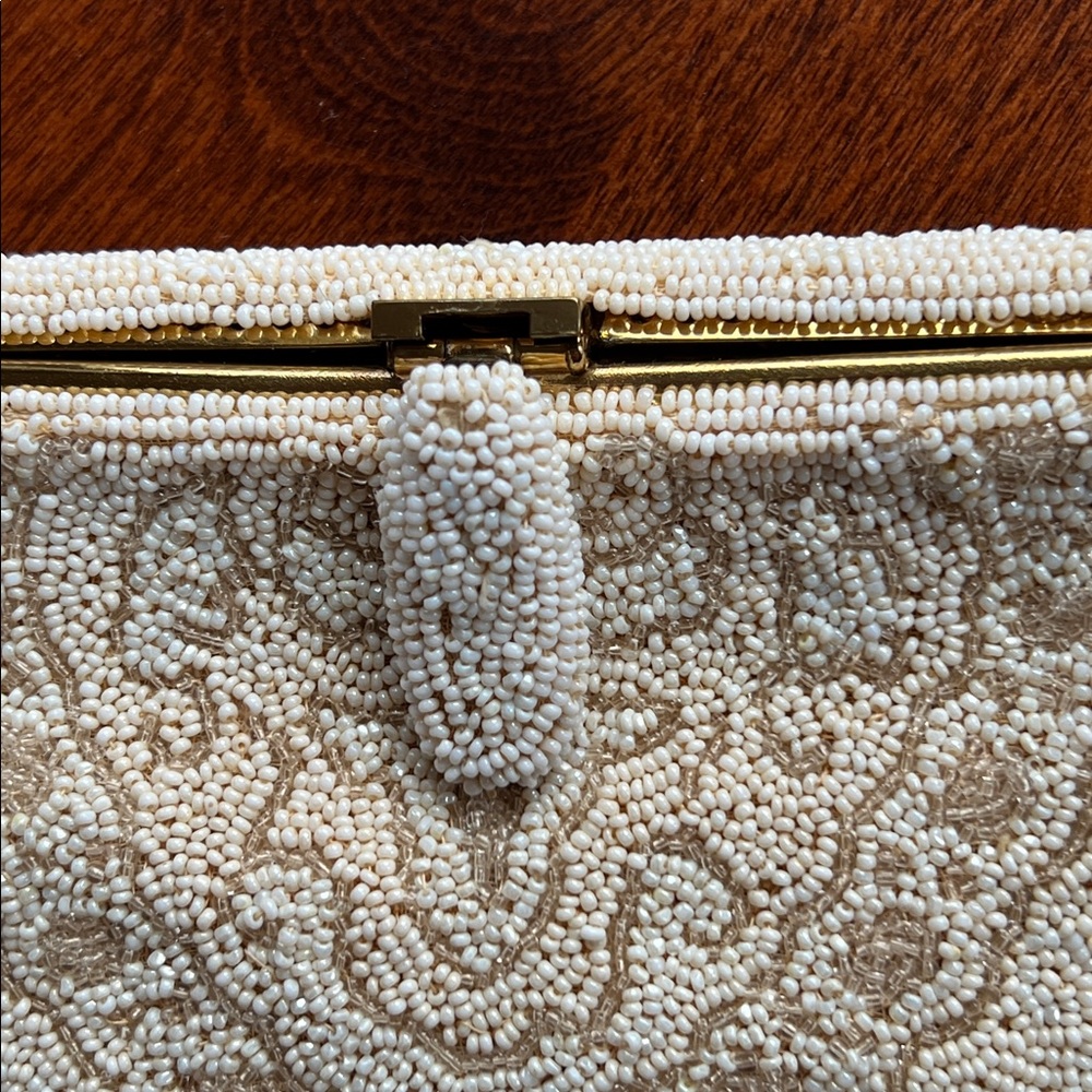 Vintage Intricately Beaded Evening Bag Cream Beige Gold Seed Bead Paisley Bird - Picture 4 of 16